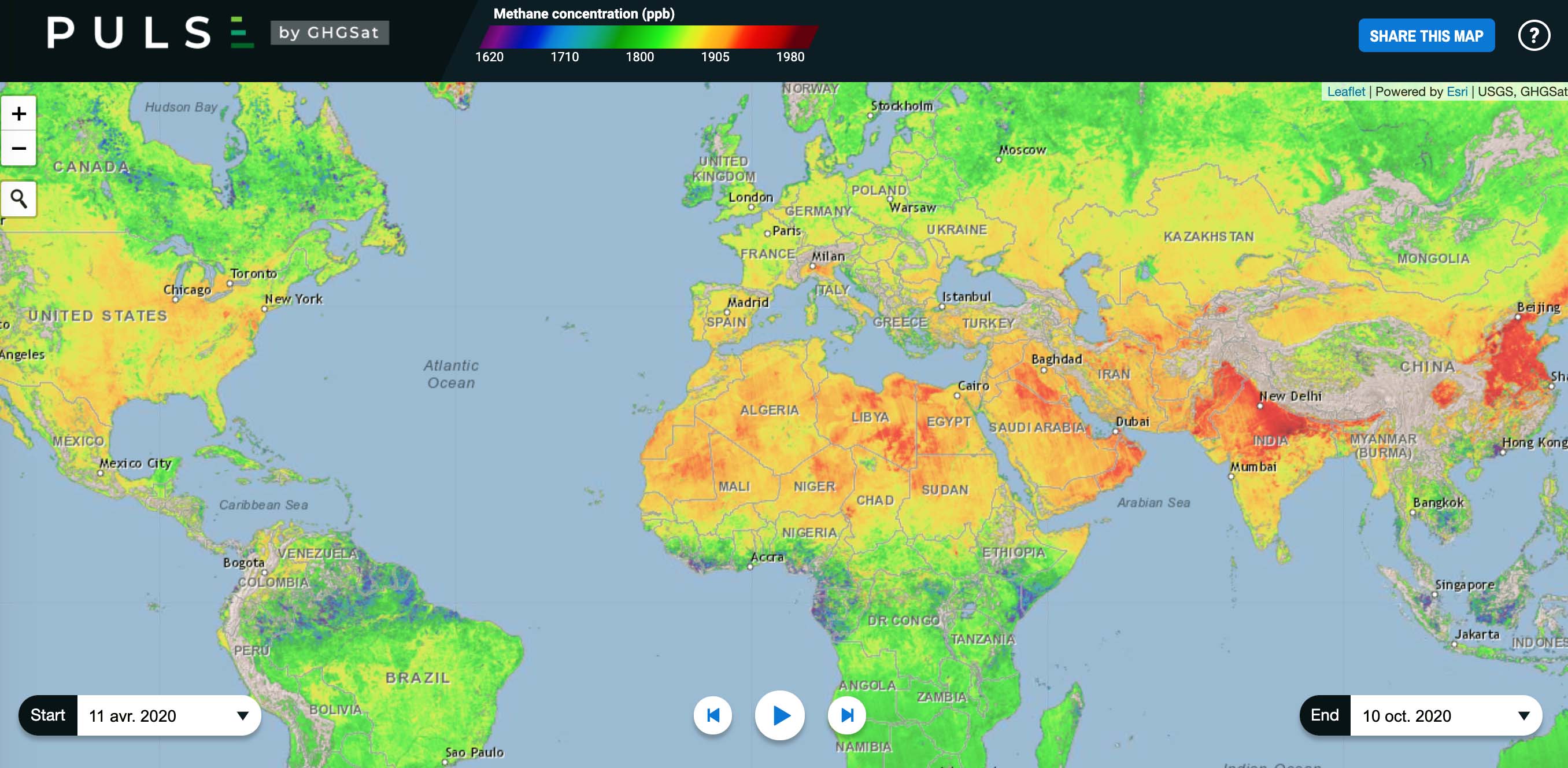 Cartes méthane monde GHGSat capture écran